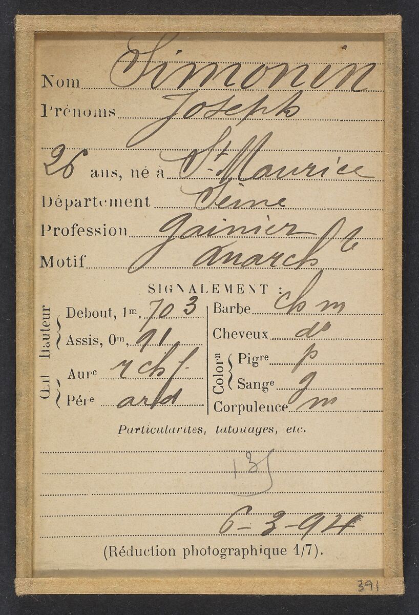 Simonin. Joseph. 26 ans, né à Saint-Maurice (Seine). Gainier. Anarchiste. 6/3/94., Alphonse Bertillon (French, 1853–1914), Albumen silver print from glass negative