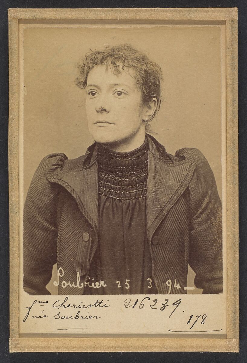 Soubrier. Annette (femme Chericotti). 28 ans, née à Paris Ille. Coutière. Anarchiste. 25/3/94., Alphonse Bertillon (French, 1853–1914), Albumen silver print from glass negative 