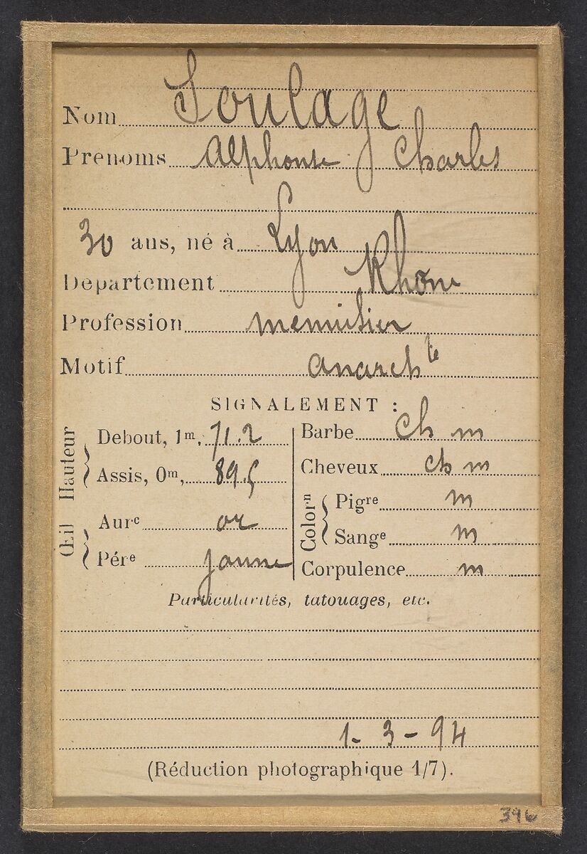 Soulage. Alphonse, Charles. 30 ans, né à Lyon. Menuisier. Anarchiste. 1/3/94., Alphonse Bertillon (French, 1853–1914), Albumen silver print from glass negative