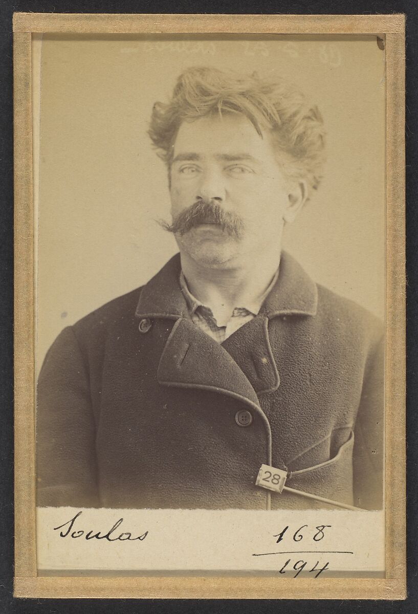 Soulas. Honoré, Jules. 33 ans, né à Chatillon le 10/12/55. Peintre en bâtiment. Anarchiste. 27/5/89., Alphonse Bertillon (French, 1853–1914), Albumen silver print from glass negative 