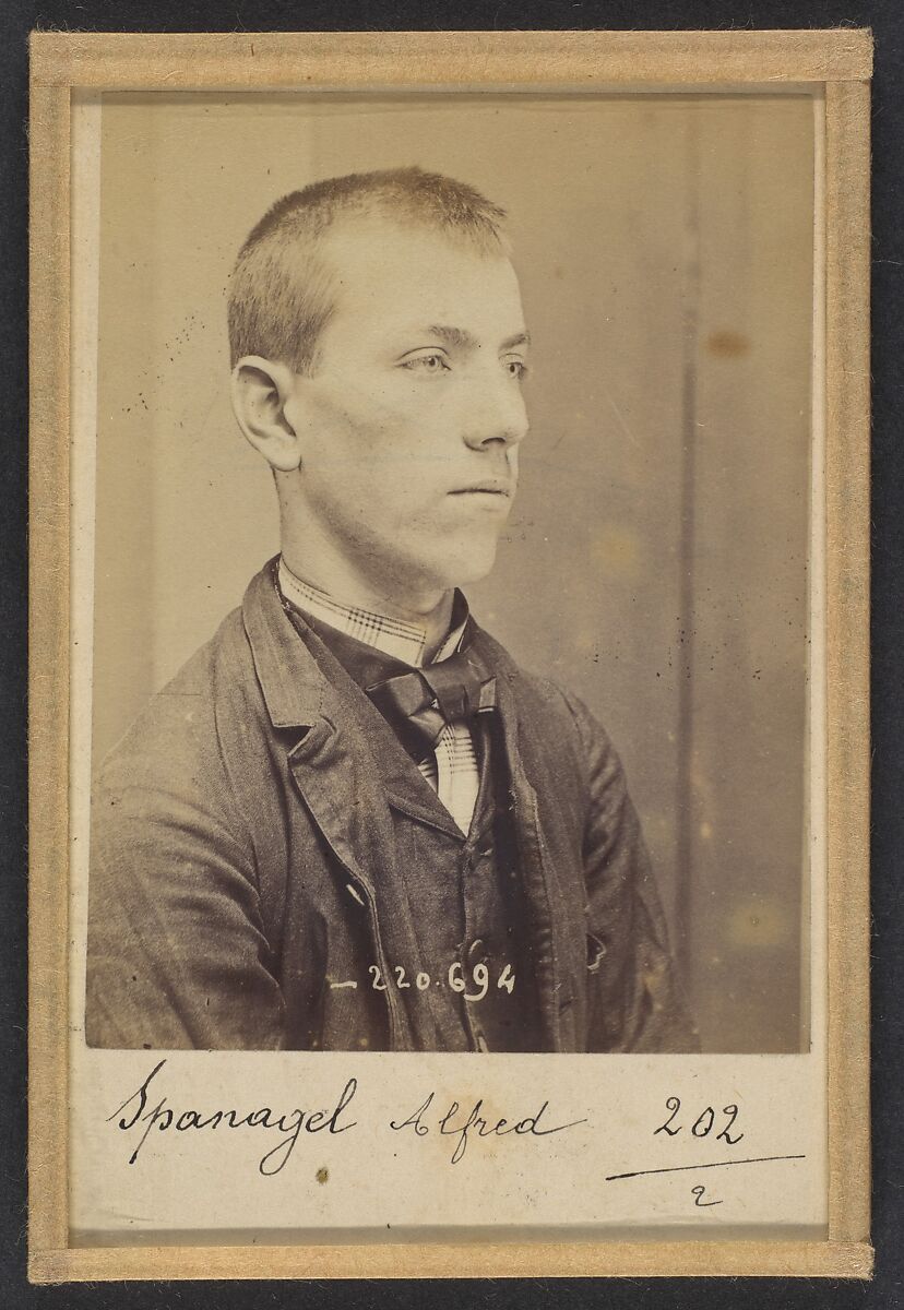 Spanagel. Alfred, Vincent. 17 ans, né le 27/5/77 à Paris. Serrurier. Anarchiste. 7/7/94., Alphonse Bertillon (French, 1853–1914), Albumen silver print from glass negative 