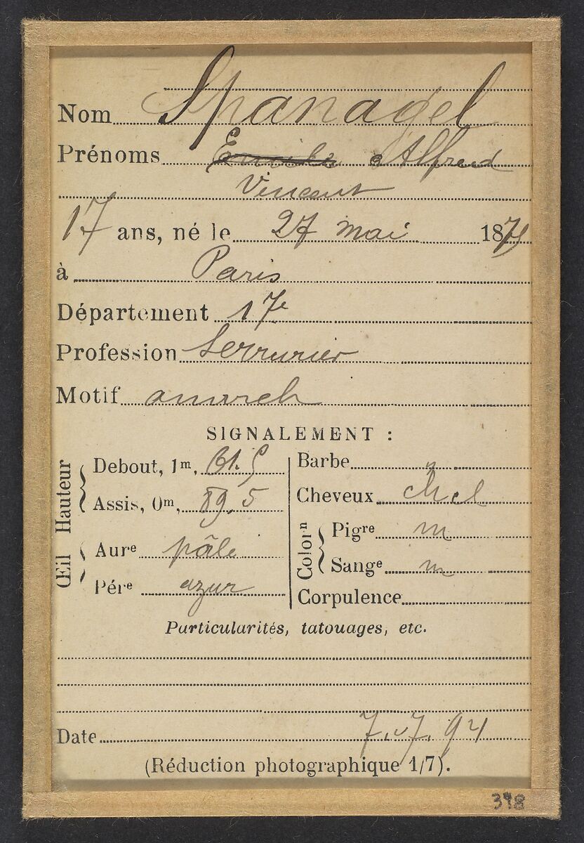 Spanagel. Alfred, Vincent. 17 ans, né le 27/5/77 à Paris. Serrurier. Anarchiste. 7/7/94., Alphonse Bertillon (French, 1853–1914), Albumen silver print from glass negative