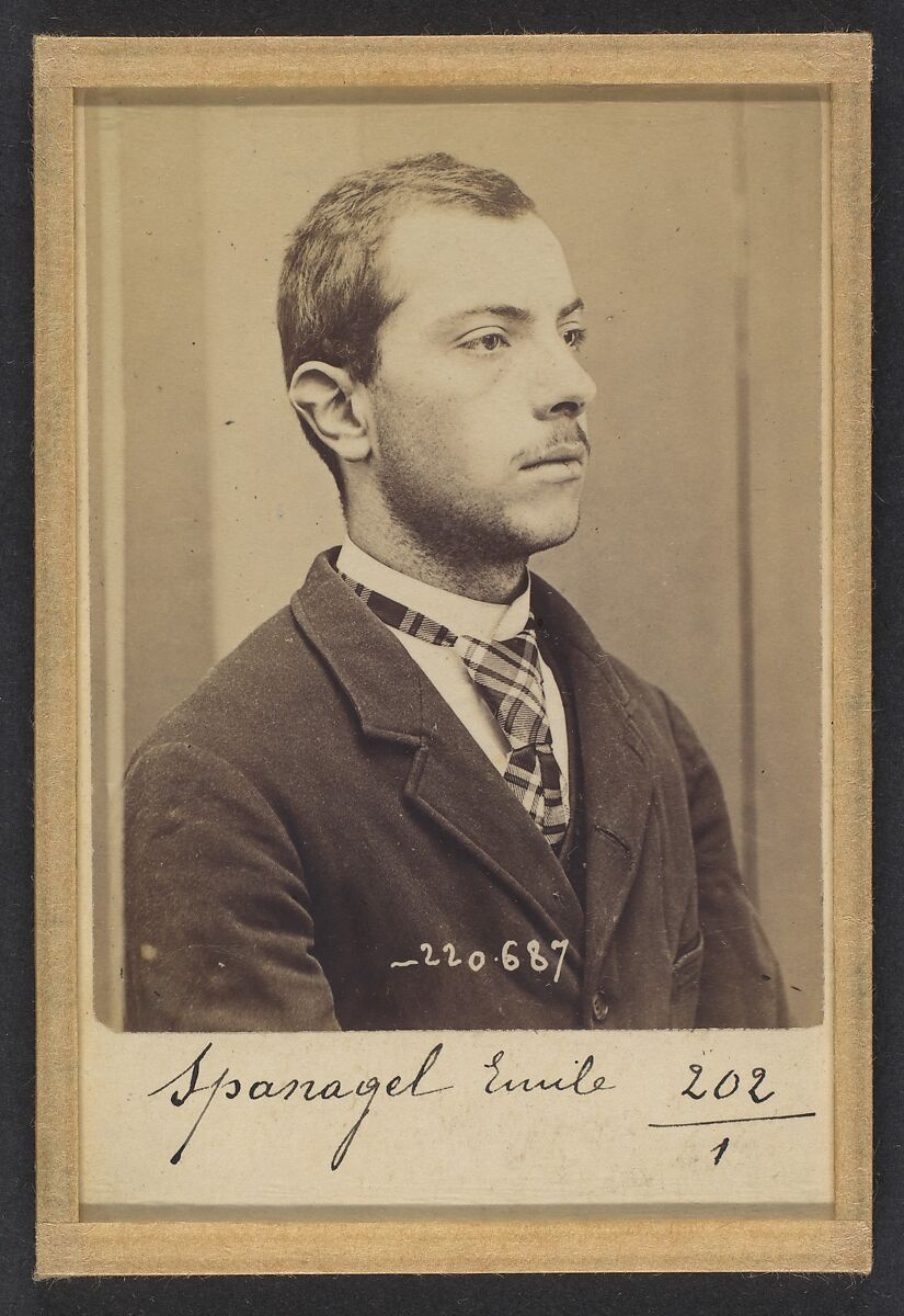 Spanagel. Emile, Ignace. 20 ans, né le 28/2/74 à Paris XVlle. Serrurier. Anarchiste. 7/7/94., Alphonse Bertillon (French, 1853–1914), Albumen silver print from glass negative 