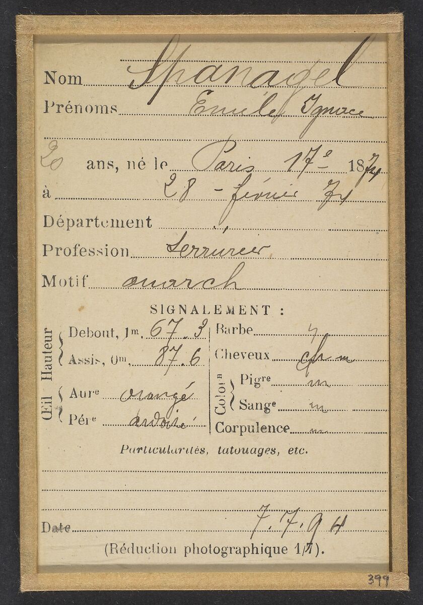 Spanagel. Emile, Ignace. 20 ans, né le 28/2/74 à Paris XVlle. Serrurier. Anarchiste. 7/7/94., Alphonse Bertillon (French, 1853–1914), Albumen silver print from glass negative