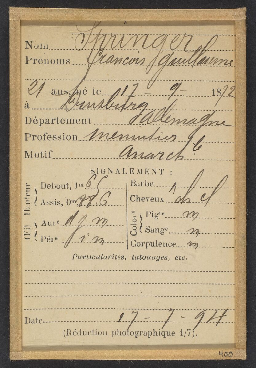 Springer. François. 21 ans, né le 17/9/72 à Duisburg (Allemagne). Menuisier. Anarchiste. 17/7/94., Alphonse Bertillon (French, 1853–1914), Albumen silver print from glass negative