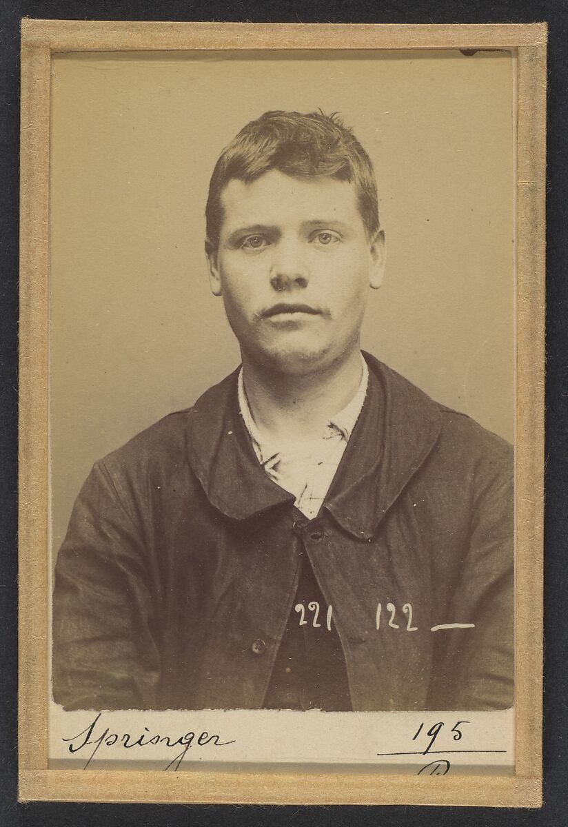 Springer. François. 21 ans, né le 17/9/72 à Duisburg (Allemagne). Menuisier. Anarchiste. 17/7/94., Alphonse Bertillon (French, 1853–1914), Albumen silver print from glass negative 