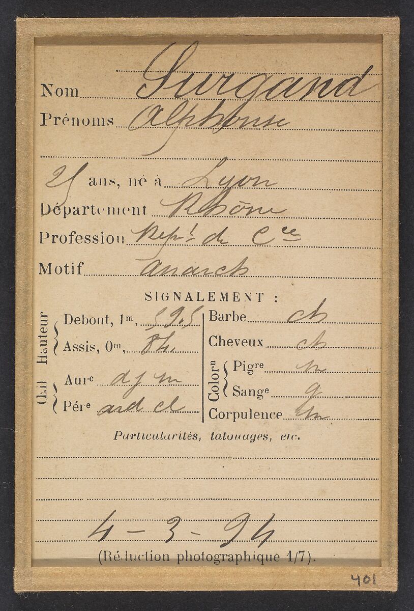 Surgand. Alphonse. 21 ans, né à Lyon. Réparateur de chaussures. Anarchiste. 4/3/94., Alphonse Bertillon (French, 1853–1914), Albumen silver print from glass negative