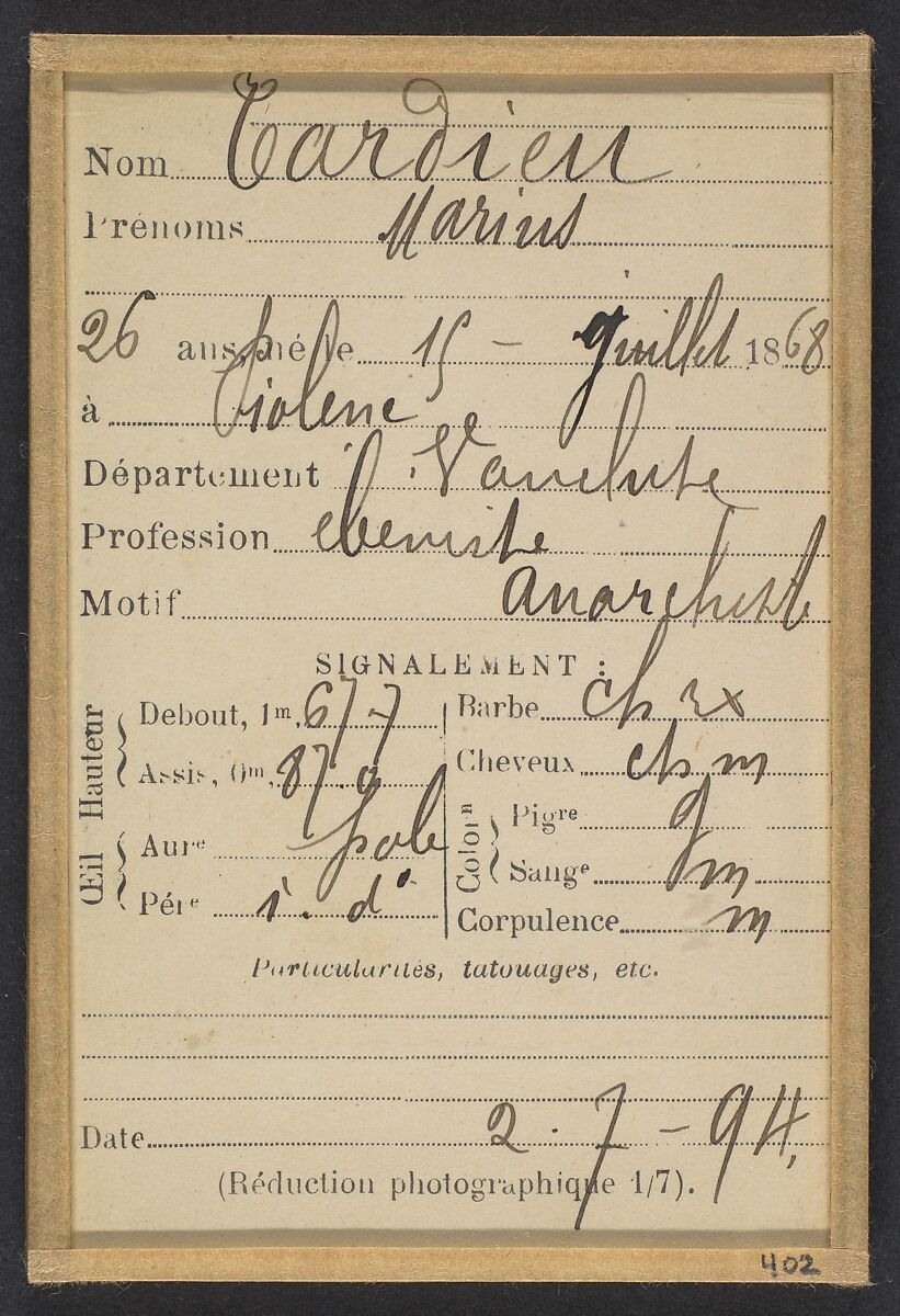 Tardieu. Marius (ou Maurice). 26 ans, né le 15/7/68 à Piolène (Vaucluse). Ébéniste. Anarchiste. 2/7/94., Alphonse Bertillon (French, 1853–1914), Albumen silver print from glass negative