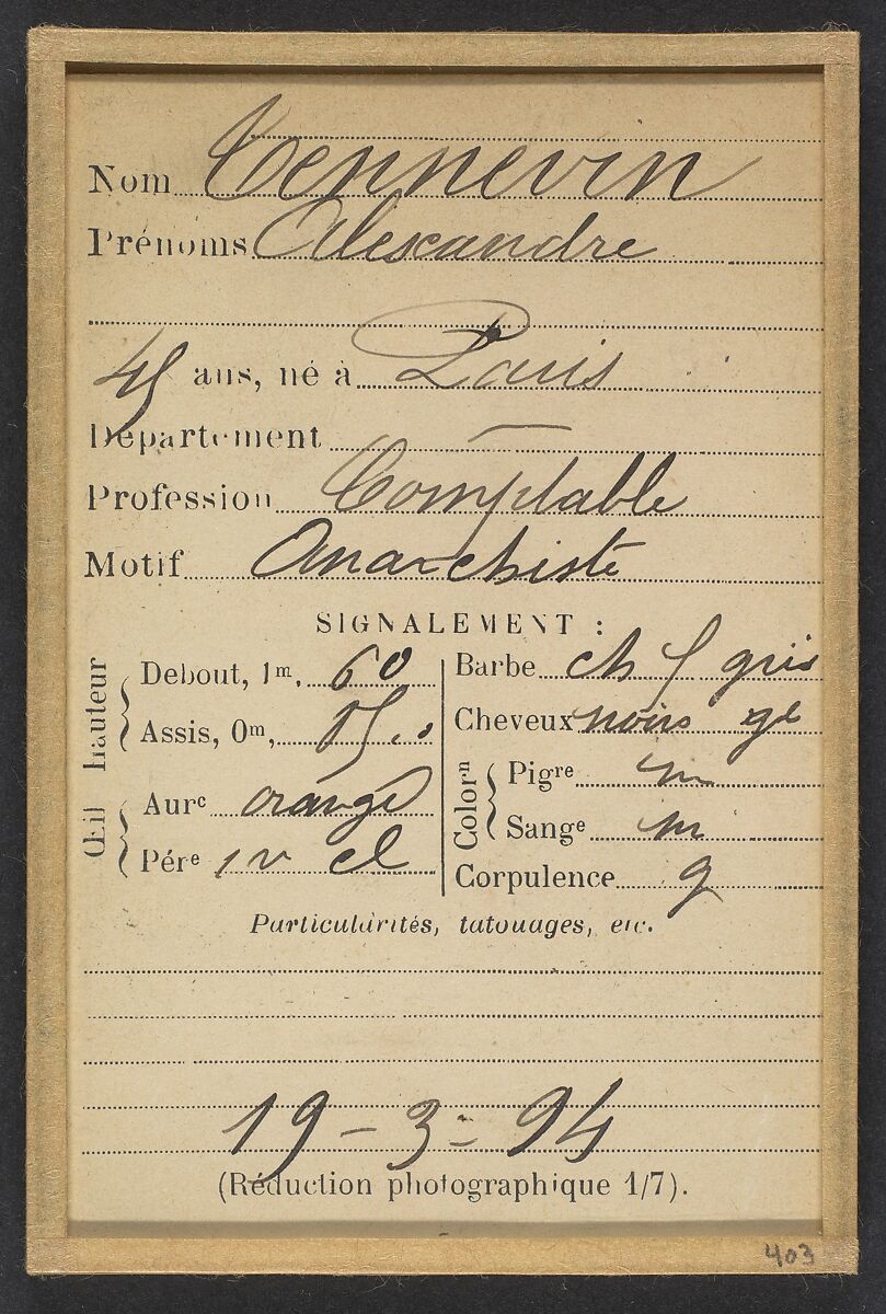 Tennevin. Alexandre. 48 ans, né à Paris. Comptable. Anarchiste. 19/3/94., Alphonse Bertillon (French, 1853–1914), Albumen silver print from glass negative