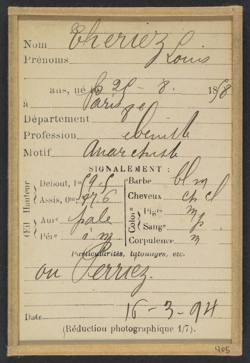 Theriez. Louis (ou Perriez). 35 ans, né le 29/8/58 à Paris. Ébéniste. Anarchiste. 16/3/94., Alphonse Bertillon (French, 1853–1914), Albumen silver print from glass negative