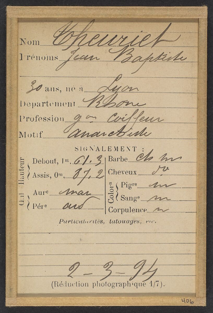 Theuriet. Jean Baptiste. 30 ans, né à Lyon. Gérant-coiffeur. Anarchiste. 2/3/94., Alphonse Bertillon (French, 1853–1914), Albumen silver print from glass negative