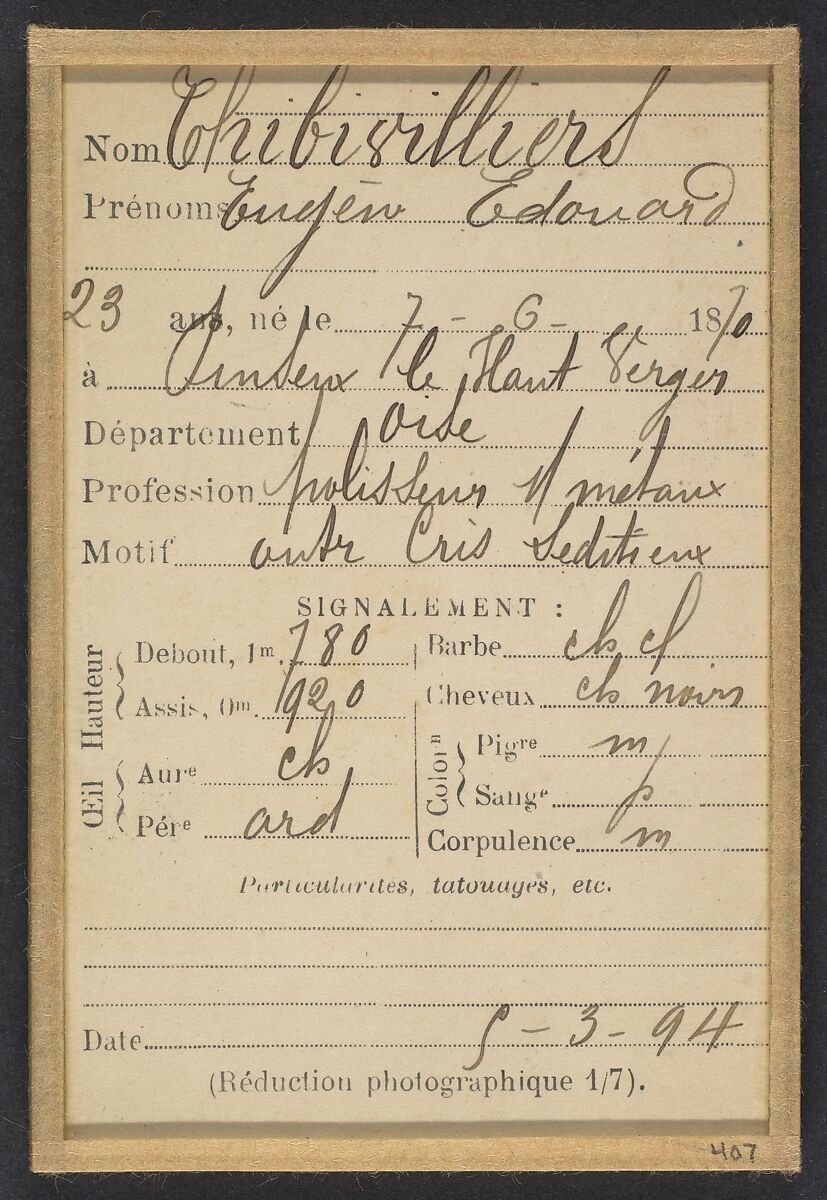 Thibivilliers. Eugène. 23 ans, né à Pinseux-le-Haut-Verger (Oise). Polisseur de métaux. Cris séditieux. 5/3/94, Alphonse Bertillon (French, 1853–1914), Albumen silver print from glass negative