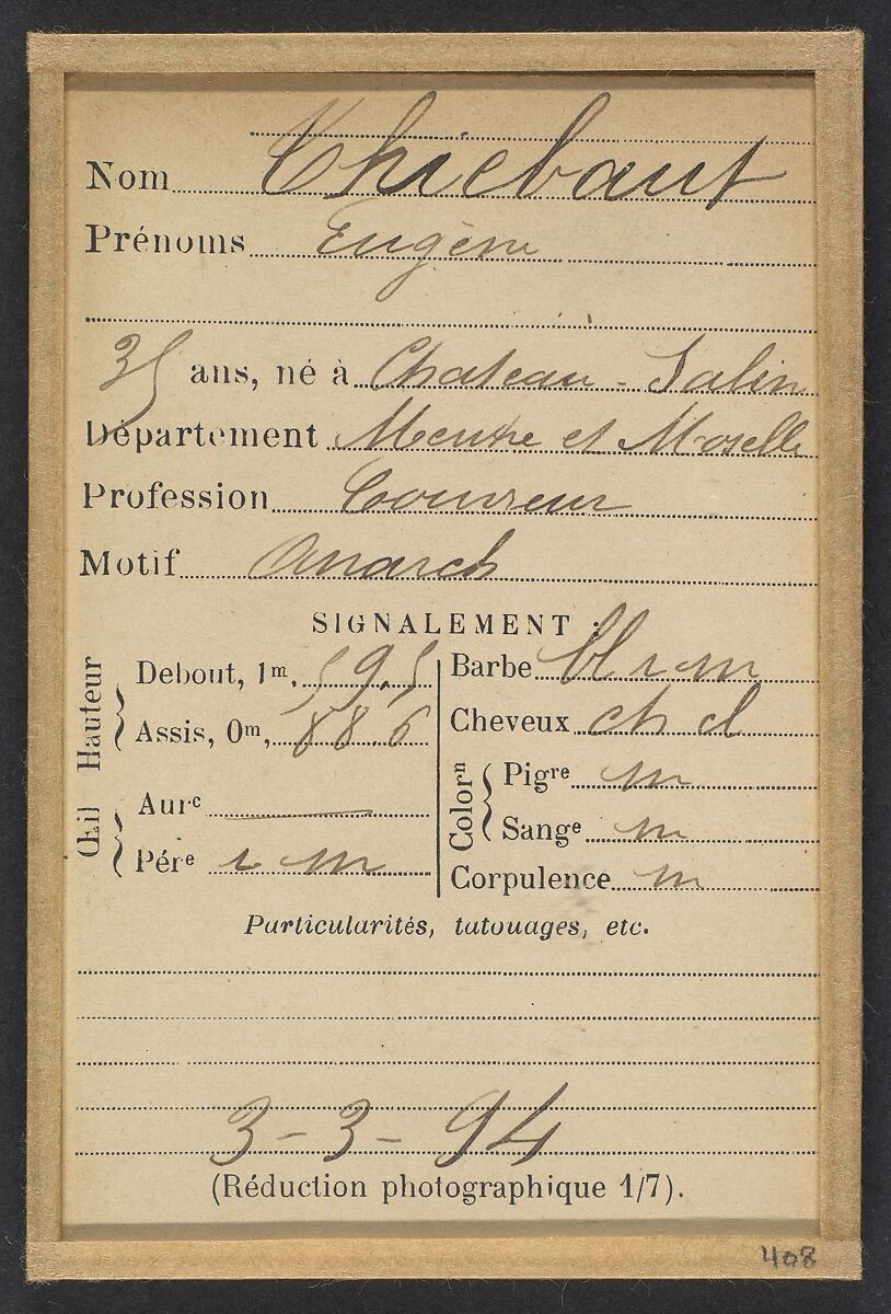 Thiebaut. Eugène. 35 (ou 36) ans, né à Château-Salin (Menthe & Moselle). Couvreur. Anarchiste. 3/3/94, Alphonse Bertillon (French, 1853–1914), Albumen silver print from glass negative