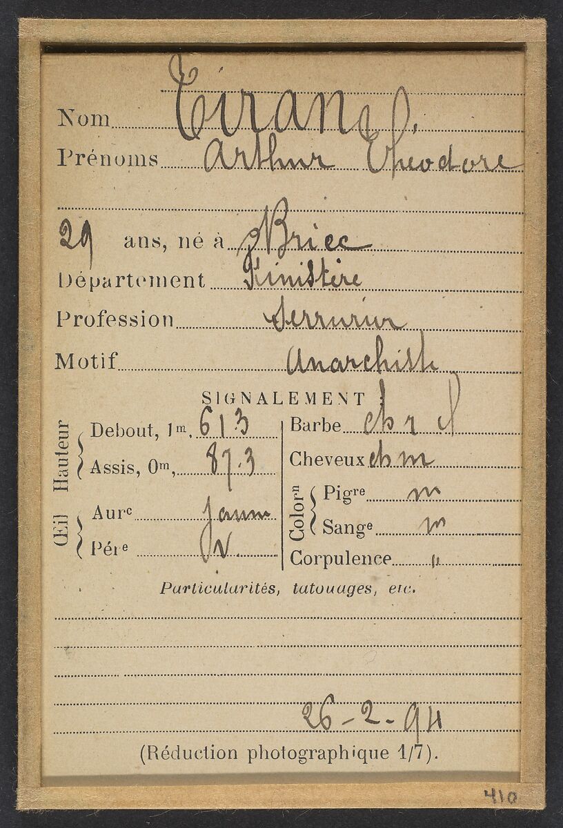 Tiran. Arthur, Théodore. 29 ans, né à Briec (Finistère). Serrurier. Anarchiste. 26/2/94., Alphonse Bertillon (French, 1853–1914), Albumen silver print from glass negative