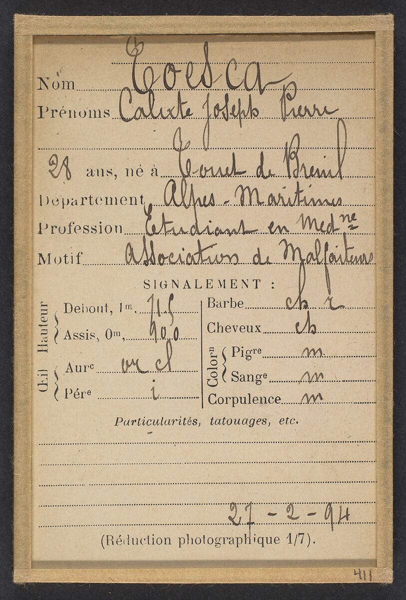 Toesca. Calixte. 28 ans, Tour de Breuil (Alpes-Mar.). Étudiant en médecine. Association de malfaiteurs. 27/2/94, Alphonse Bertillon (French, 1853–1914), Albumen silver print from glass negative