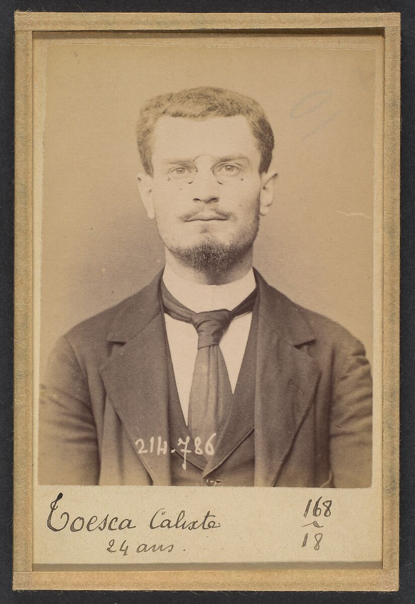 Toesca. Calixte. 28 ans, Tour de Breuil (Alpes-Mar.). Étudiant en médecine. Association de malfaiteurs. 27/2/94, Alphonse Bertillon (French, 1853–1914), Albumen silver print from glass negative 