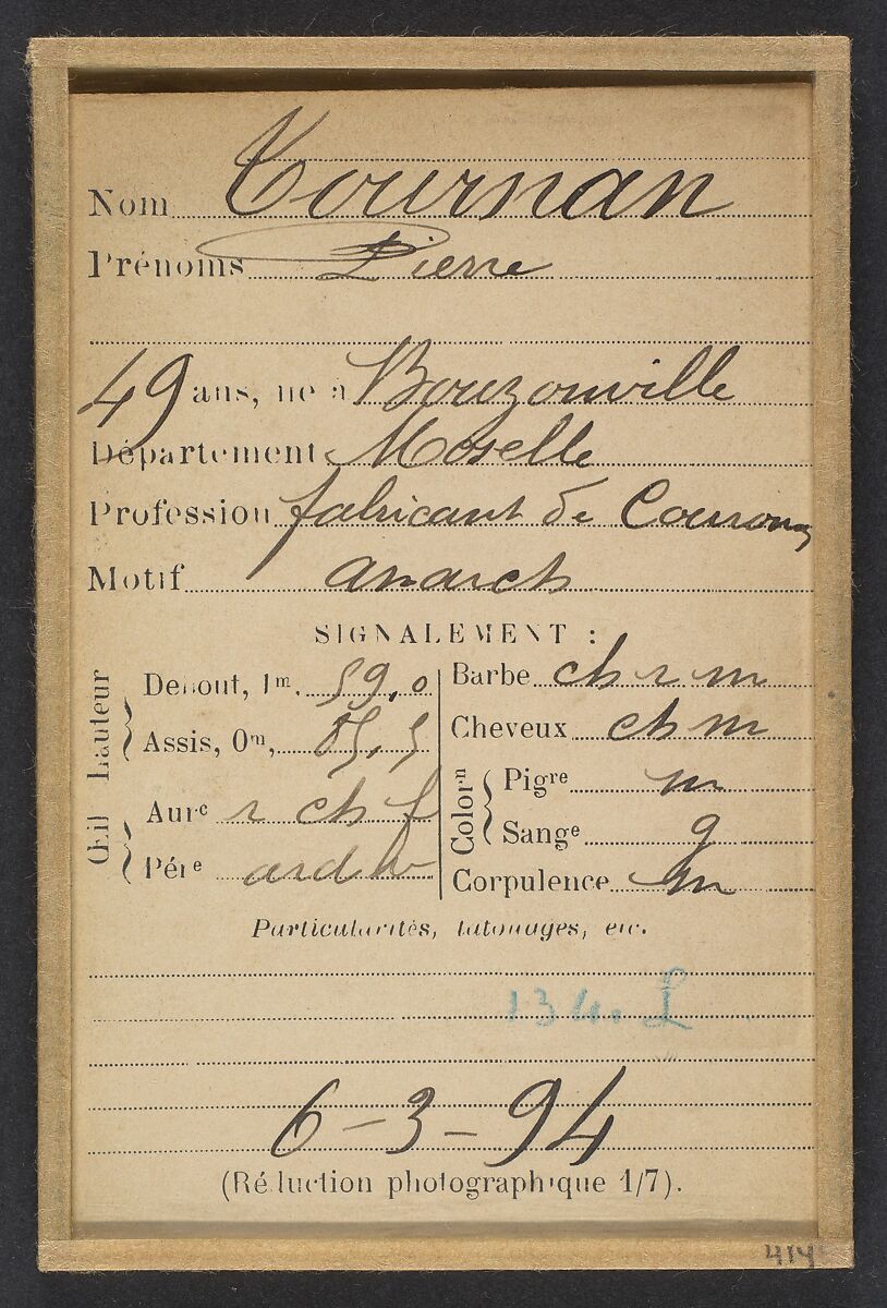 Tournan. Pierre. 49 ans, né à Bouzouville (Moselle). Fabricant de couronnes. Anarchiste. 6/3/94., Alphonse Bertillon (French, 1853–1914), Albumen silver print from glass negative