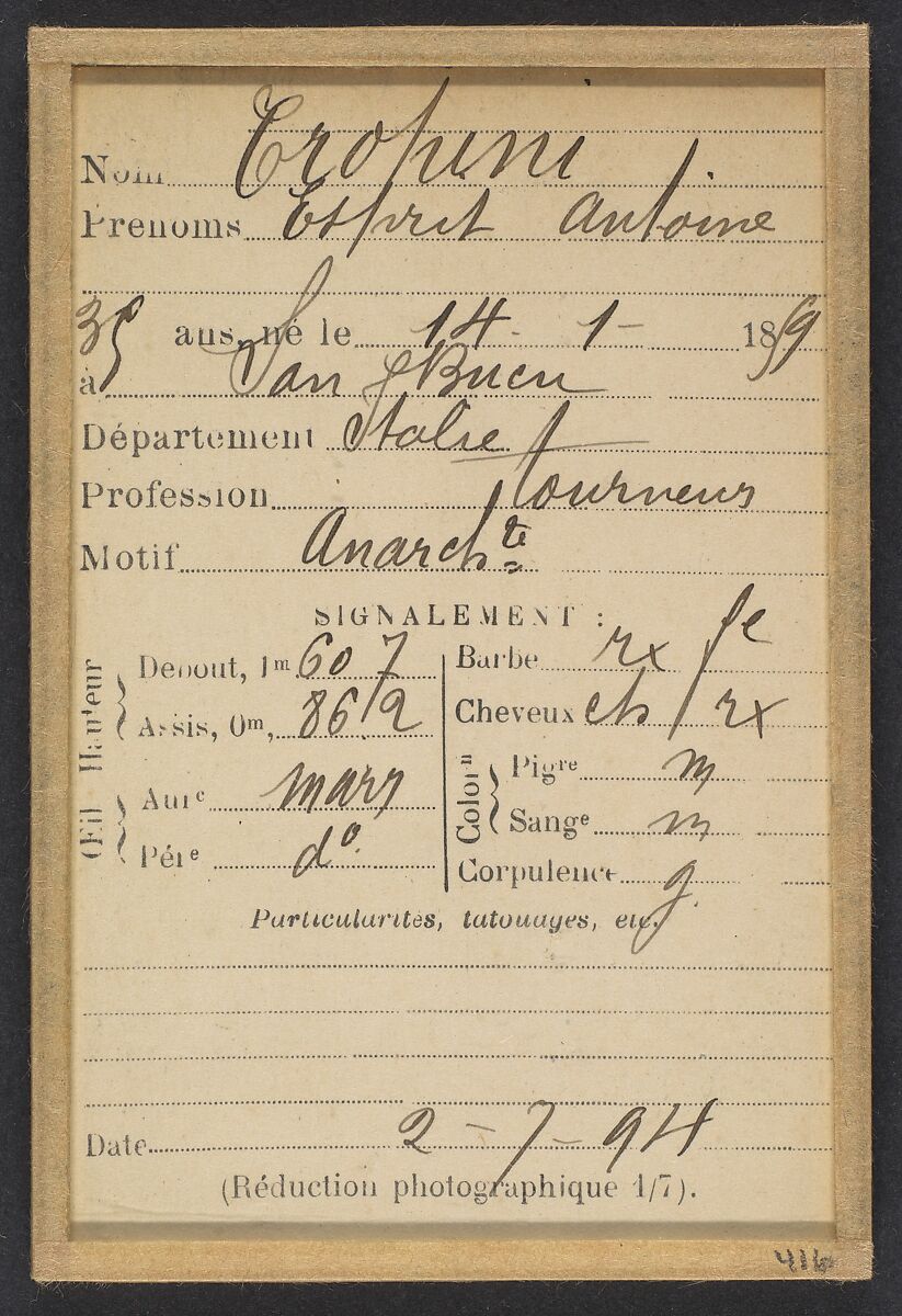 Tropini. Esprit, Antoine. 35 ans, né à San-Bueri (Italie). Tourneur. Anarchiste. 2/7/94., Alphonse Bertillon (French, 1853–1914), Albumen silver print from glass negative