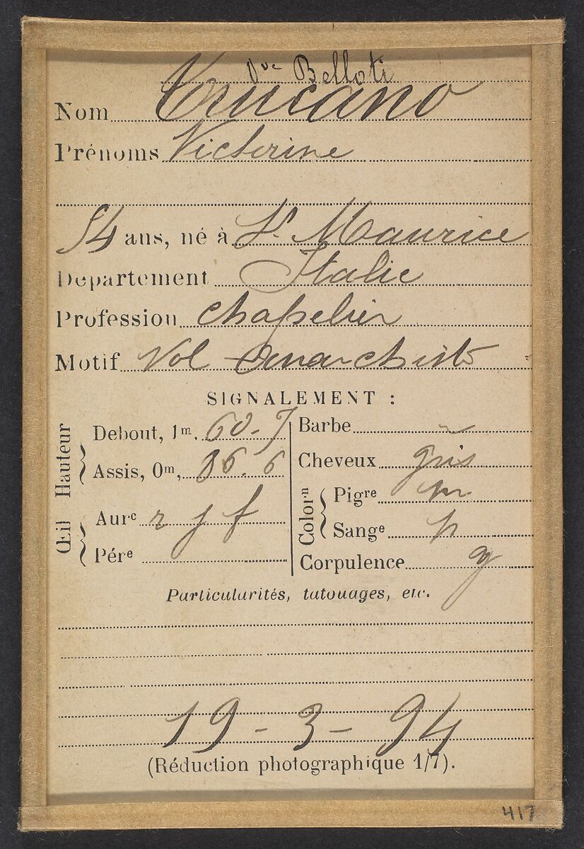 Trucano. Victorine (veuve Belloti). 54 ans, né à St Maurier (Italie). Chapelier. Vol anarchiste. 19/3/94., Alphonse Bertillon (French, 1853–1914), Albumen silver print from glass negative