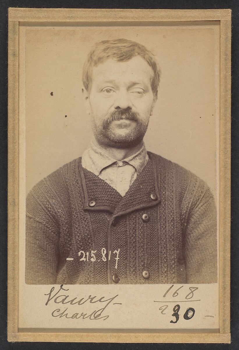 Vaury. Charles, Joseph. 43 (ou 44) ans, né le 31/3/59 à Sedan. Mécanicien. Anarchiste. 16/3/94., Alphonse Bertillon (French, 1853–1914), Albumen silver print from glass negative 