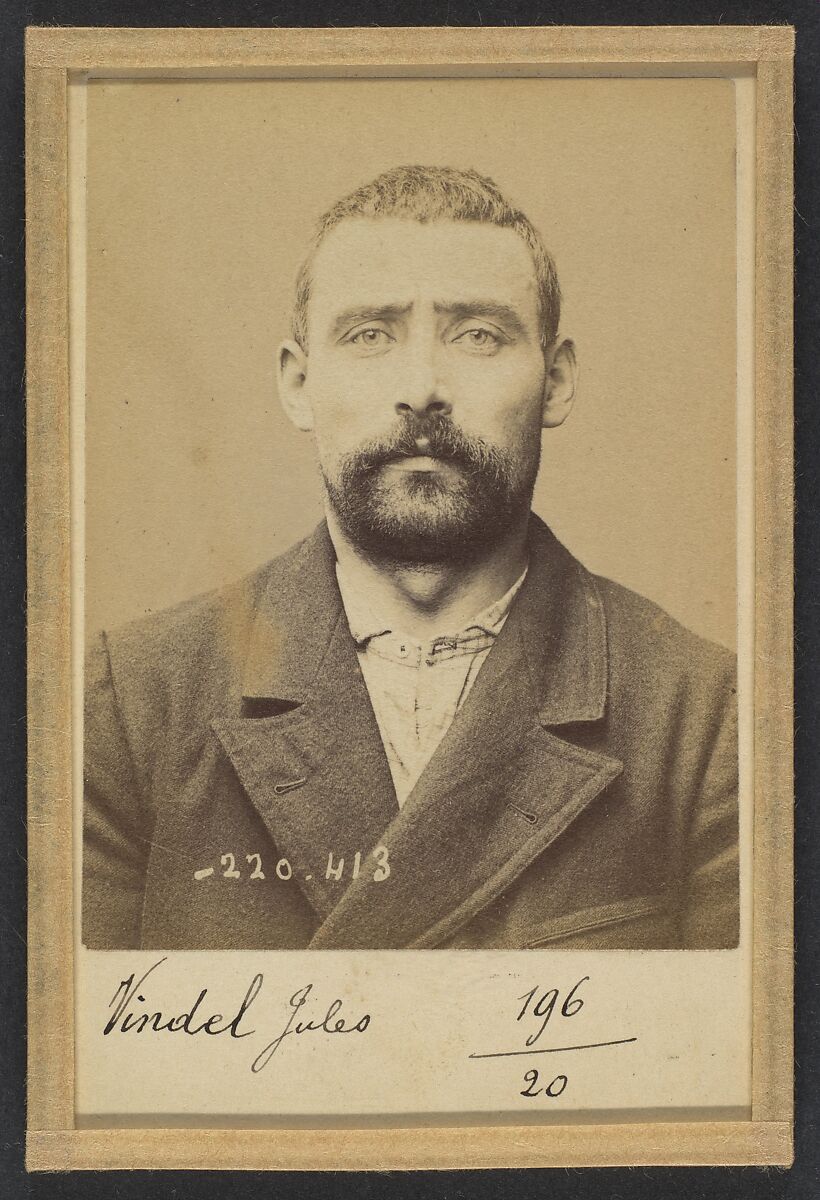 Vendel. Jules. 34 (ou 33) ans, né le 2/4/61 à Chevry (Ain). Garçon de cuisine. Anarchiste. 2/7/94., Alphonse Bertillon (French, 1853–1914), Albumen silver print from glass negative 