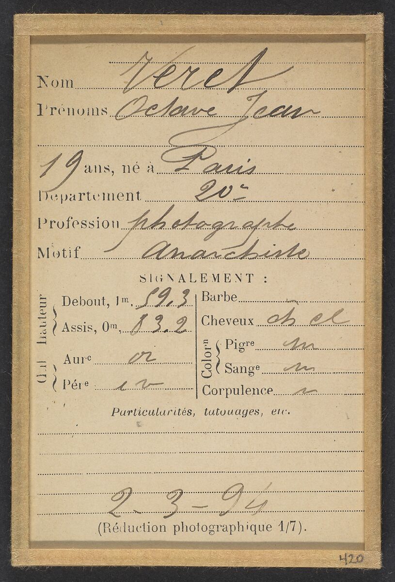 Véret. 0ctave-Jean. 19 ans, né à Paris XXe. Photographe. Anarchiste. 2/3/94., Alphonse Bertillon (French, 1853–1914), Albumen silver print from glass negative