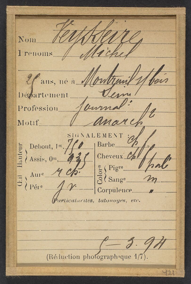 Veysseire. Michel. 25 ans, né à Montreuil. Journaliste. Anarchiste. 5/3/94, Alphonse Bertillon (French, 1853–1914), Albumen silver print from glass negative