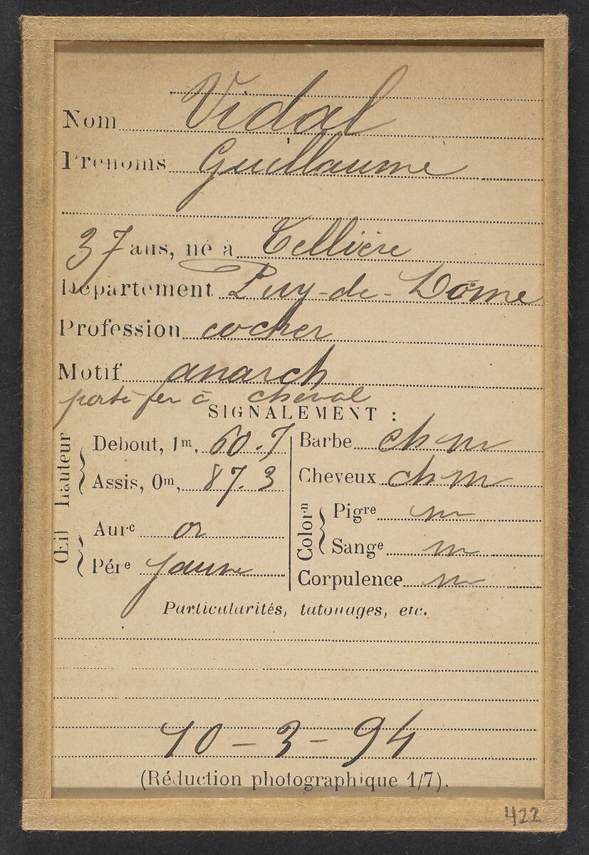 Vidal. Guillaume. 37 ans, né à Tellière (Puy de Dôme). Cocher. Anarchiste. 10/3/94., Alphonse Bertillon (French, 1853–1914), Albumen silver print from glass negative