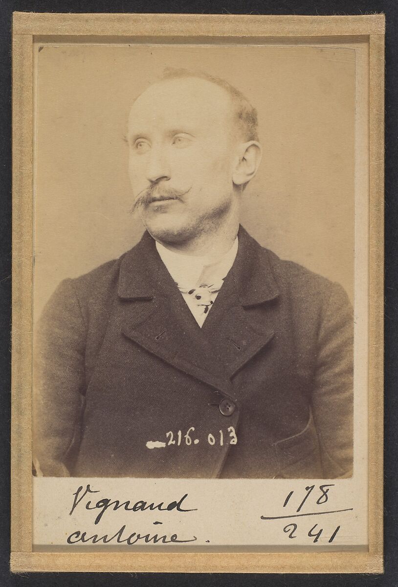 Vignaud. Antoine. 32 ans, né à Cussey (Allier). Cordonnier. Vol anarchiste. 21/3/94., Alphonse Bertillon (French, 1853–1914), Albumen silver print from glass negative 