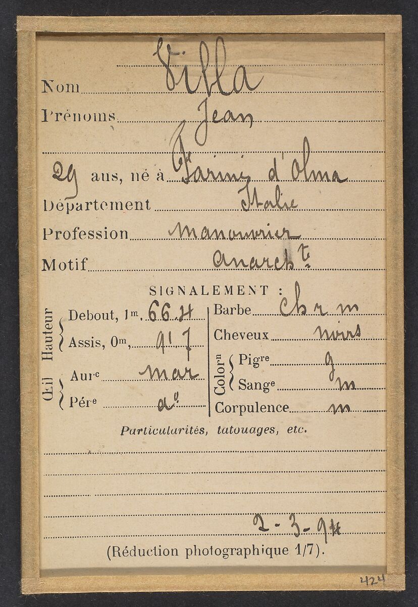 Villa. Jean. 29 ans, né à Farini d'Olma (Italie). Manoeuvre. Anarchiste. 2/3/94., Alphonse Bertillon (French, 1853–1914), Albumen silver print from glass negative
