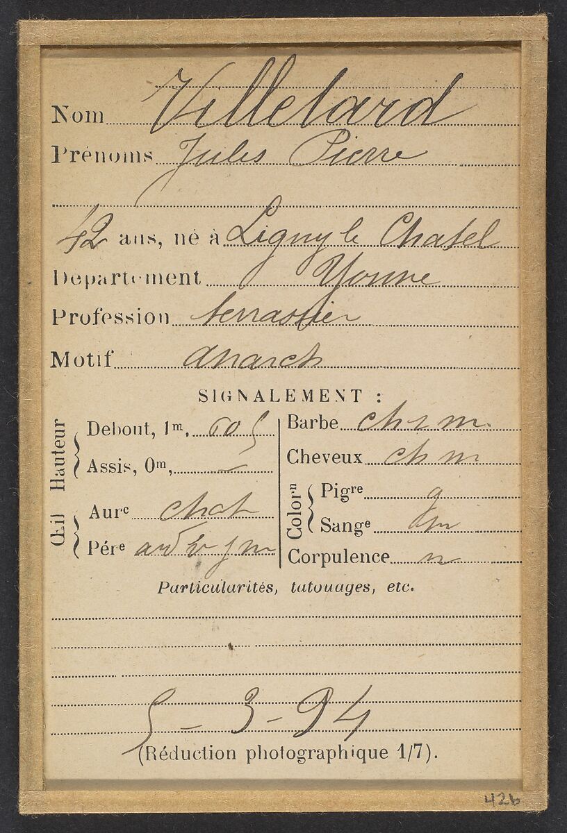 Villetard. Jules, Pierre. 42 ans, né à Ligny-le-Chastel (Yonne). Terrassier. Anarchiste. 5/3/94, Alphonse Bertillon (French, 1853–1914), Albumen silver print from glass negative