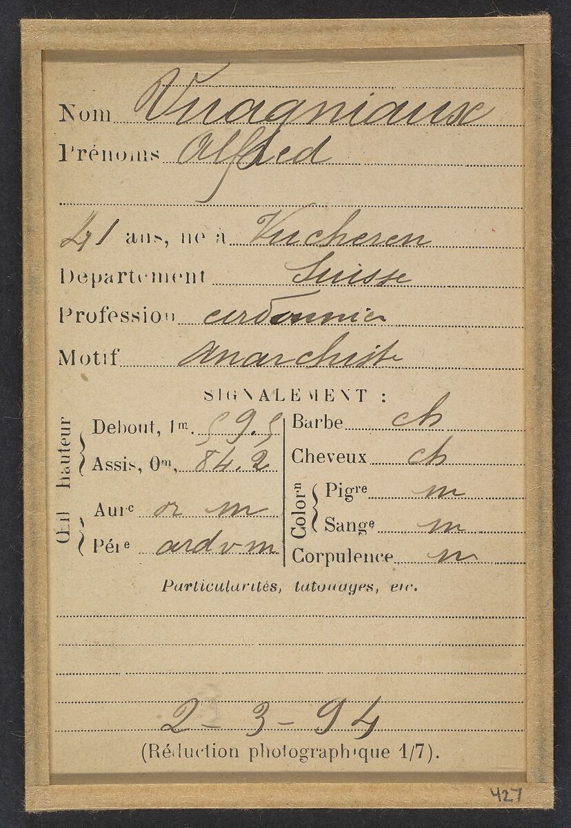 Vuagniaux. Alfred. 41 ans, né à Vucheron (Suisse). Cordonnier. Anarchiste. 2/3/94., Alphonse Bertillon (French, 1853–1914), Albumen silver print from glass negative