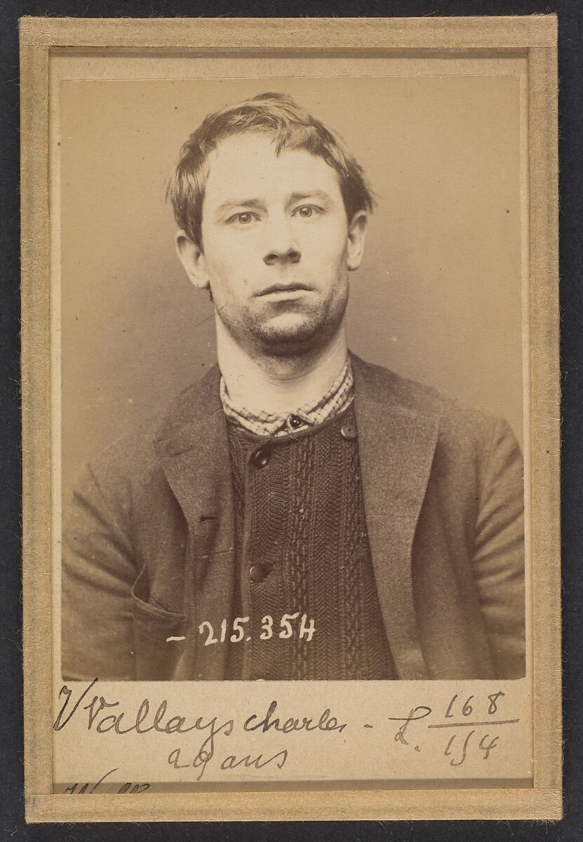 Wallays. Charles. 29 ans, né à Lille. Tailleur d'habits. Anarchiste. 9/3/94., Alphonse Bertillon (French, 1853–1914), Albumen silver print from glass negative 