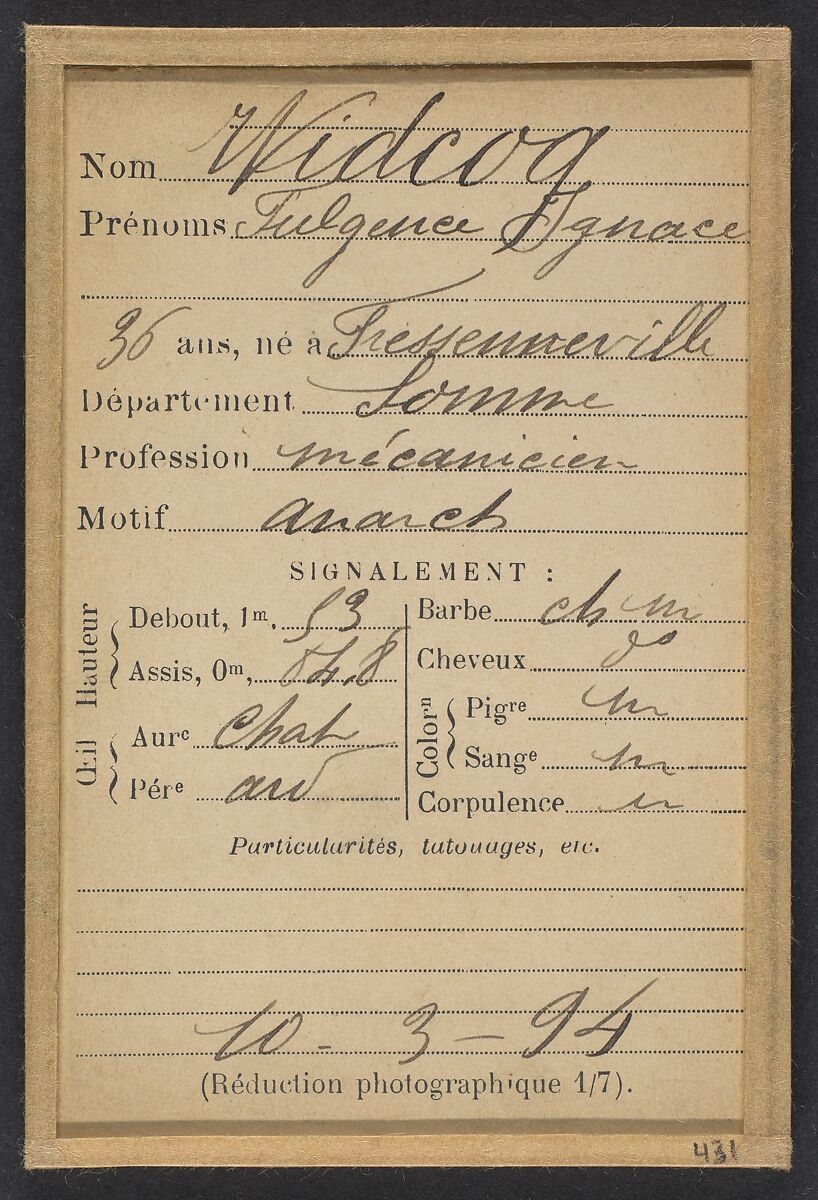Widcoq. Fulgence, Ignace. 36 ans, né à Fressenneville (Somme). Mécanicien. Anarchiste. 10/3/94., Alphonse Bertillon (French, 1853–1914), Albumen silver print from glass negative