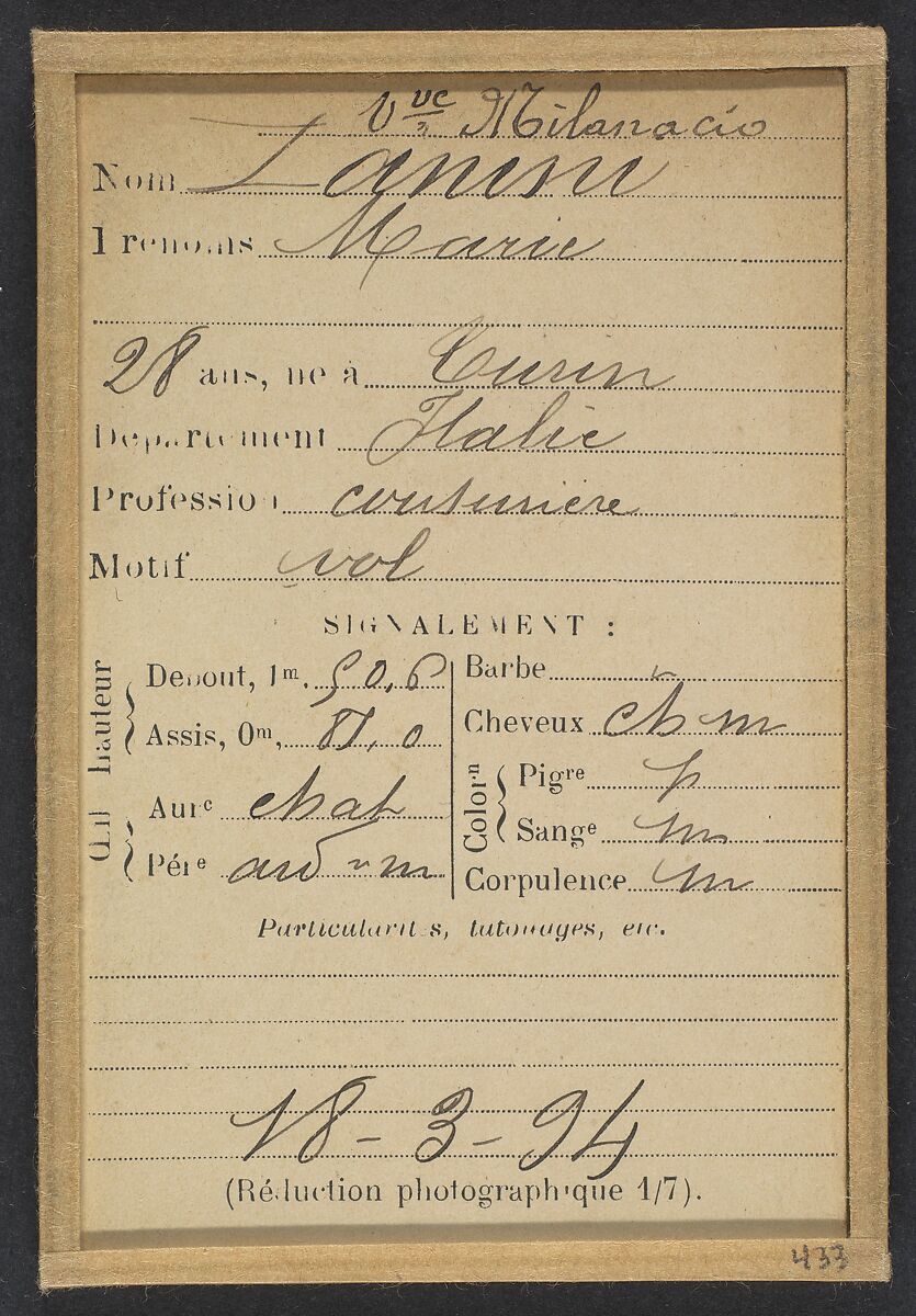 Zanini. Marie (veuve Milanaccio). 28 ans, née à Turin (Italie). Cuisinière. Vol. 18/3/94., Alphonse Bertillon (French, 1853–1914), Albumen silver print from glass negative