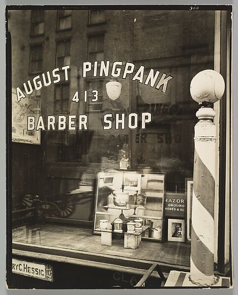 Pingpank Barbershop, 413 Bleecker Street, Manhattan, Berenice Abbott  American, Gelatin silver print