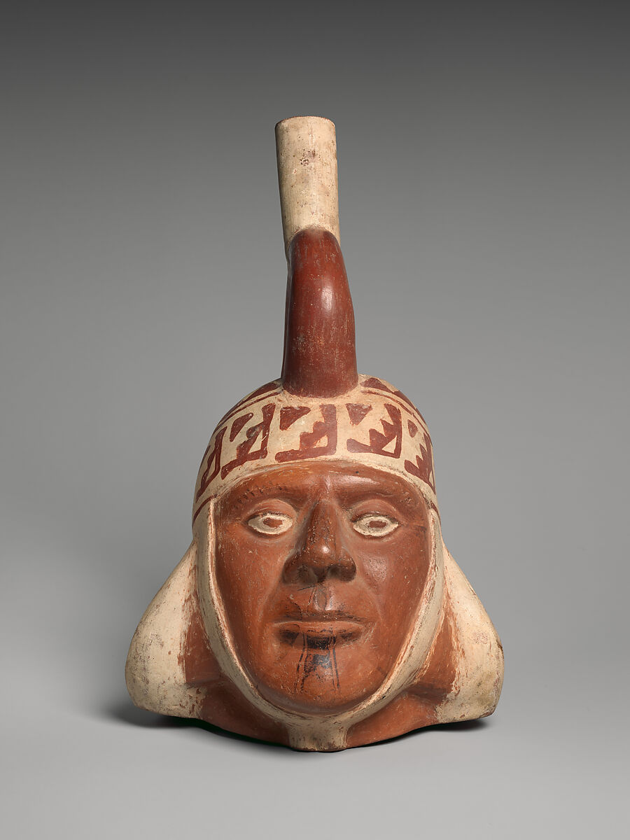 Bottle with portrait head, Moche artist(s), Ceramic, slip, Moche