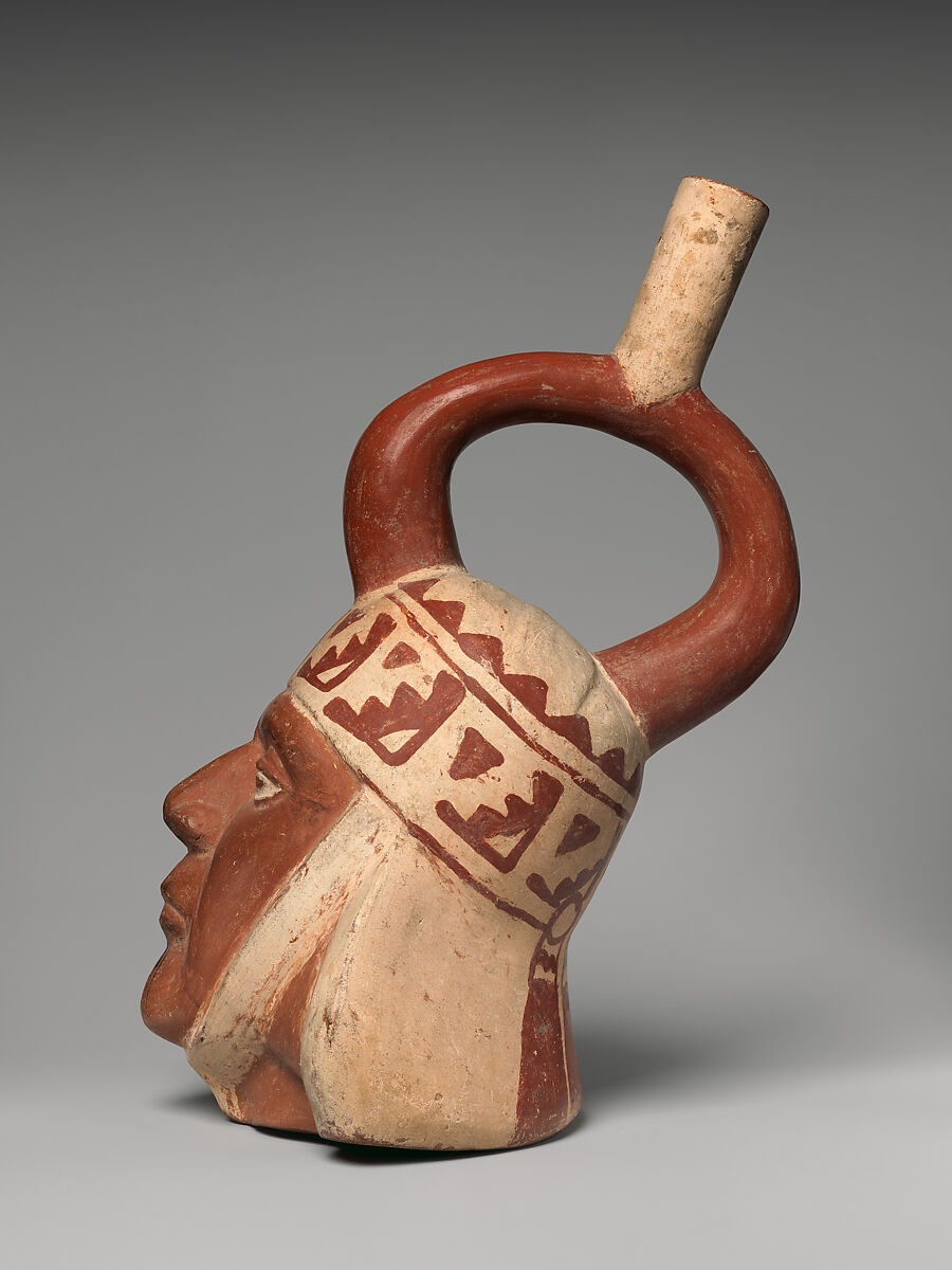 Bottle with portrait head, Moche artist(s), Ceramic, slip, Moche