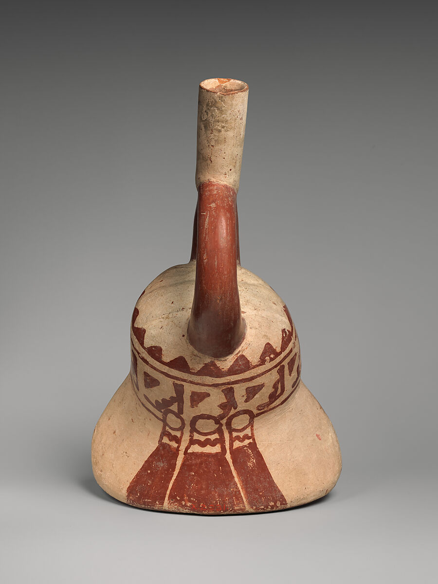 Bottle with portrait head, Moche artist(s), Ceramic, slip, Moche