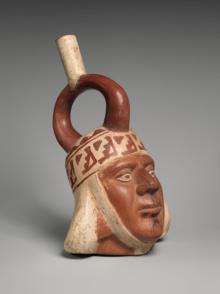 Bottle with portrait head, Moche artist(s), Ceramic, slip, Moche 