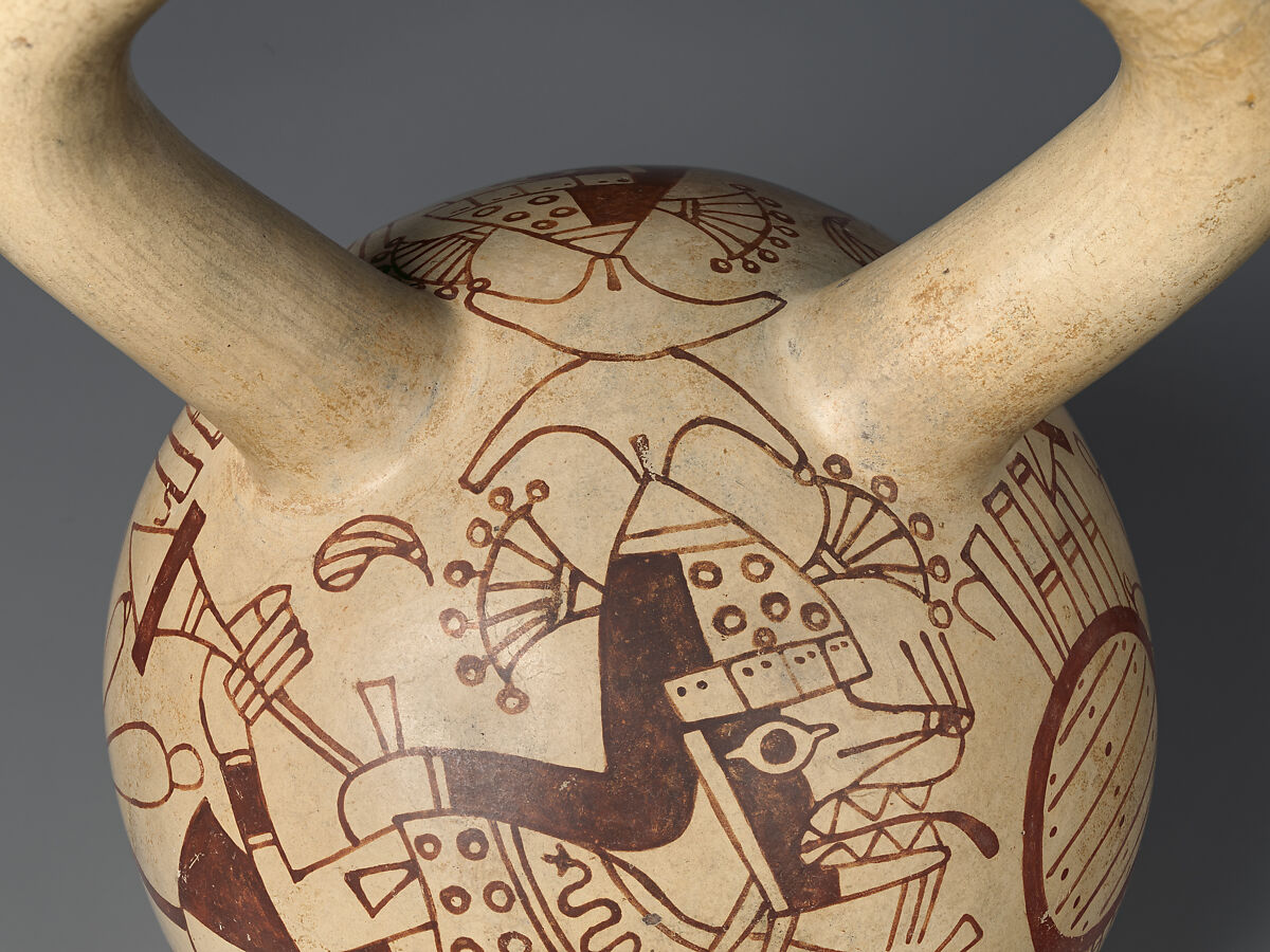 Stirrup-spout bottle with fox warrior, Moche artist(s), Ceramic, slip, Moche