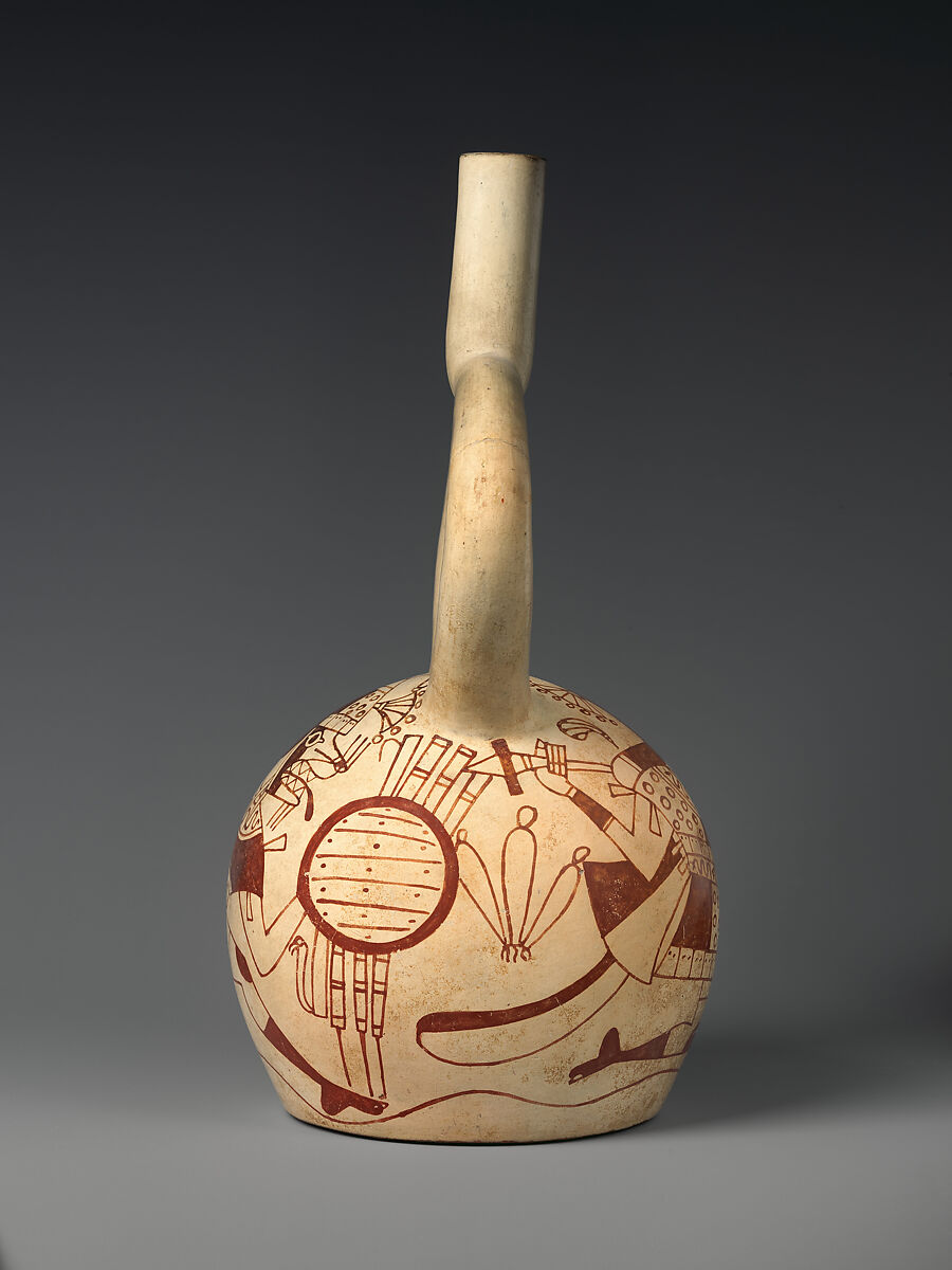 Stirrup-spout bottle with fox warrior, Moche artist(s), Ceramic, slip, Moche