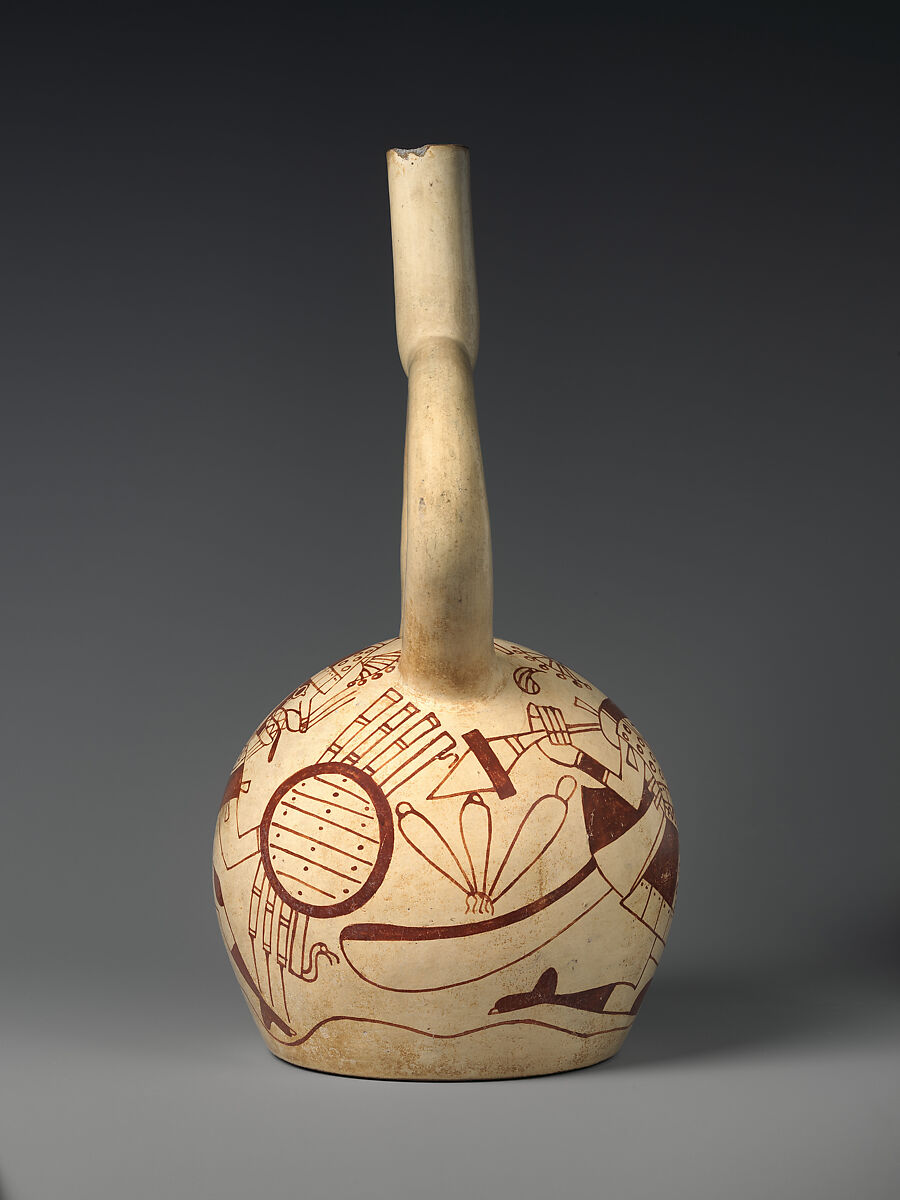 Stirrup-spout bottle with fox warrior, Moche artist(s), Ceramic, slip, Moche