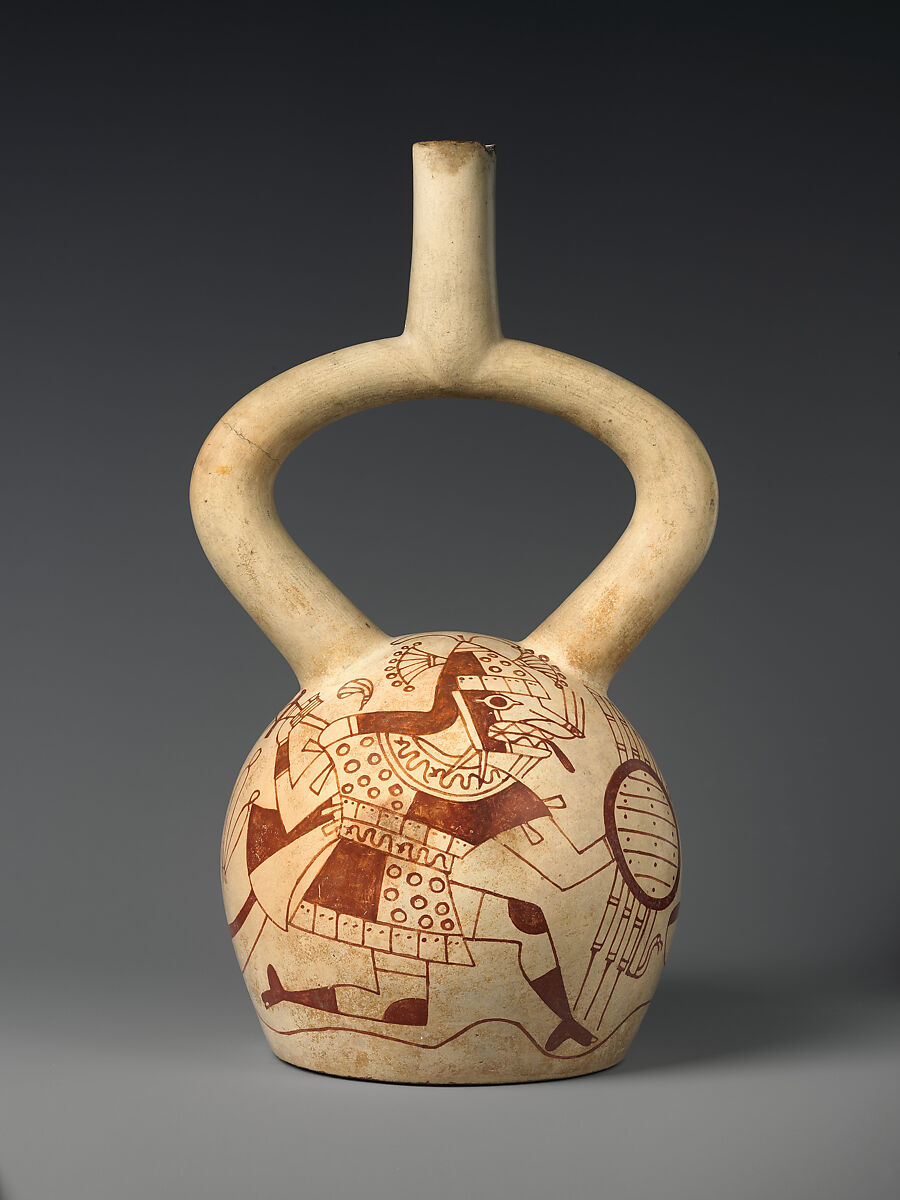 Stirrup-spout bottle with fox warrior, Moche artist(s), Ceramic, slip, Moche