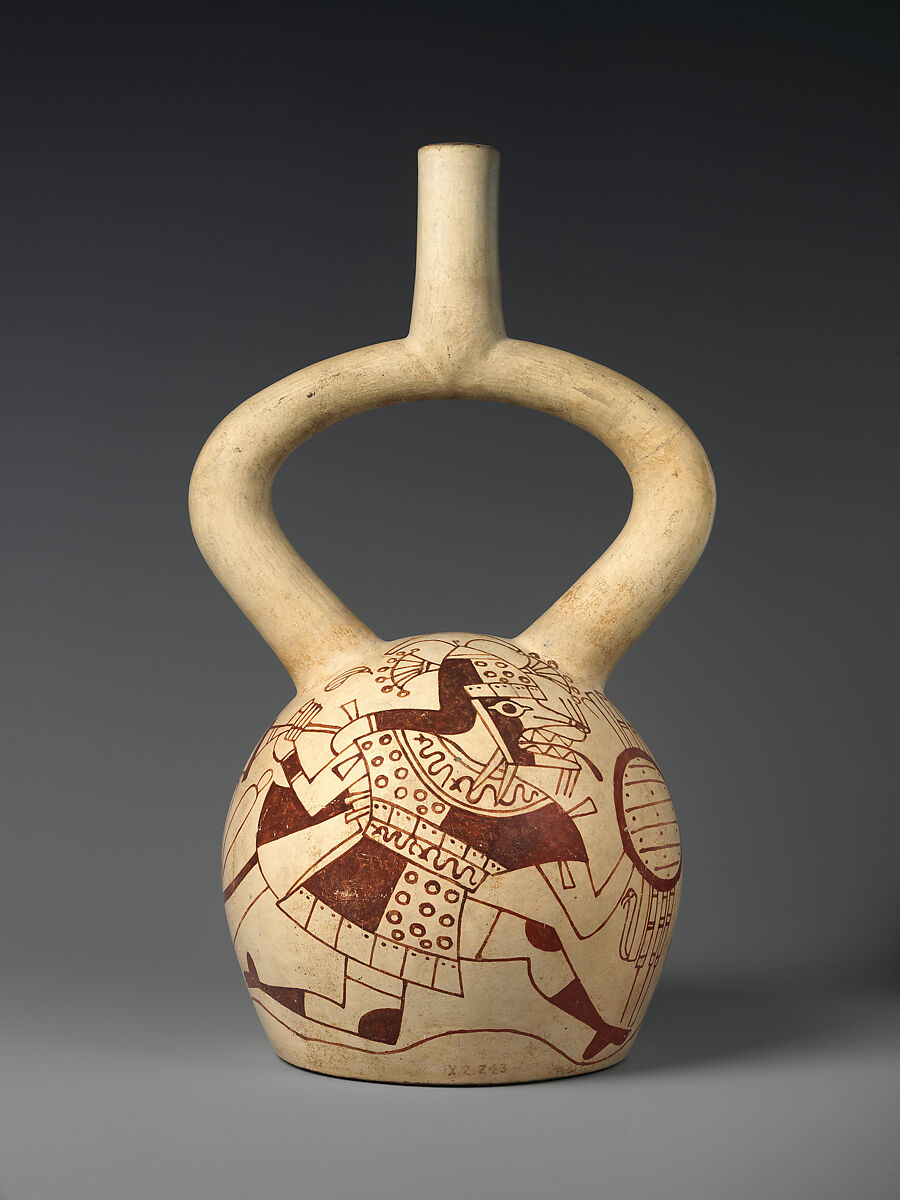 Stirrup-spout bottle with fox warrior, Moche artist(s), Ceramic, slip, Moche 