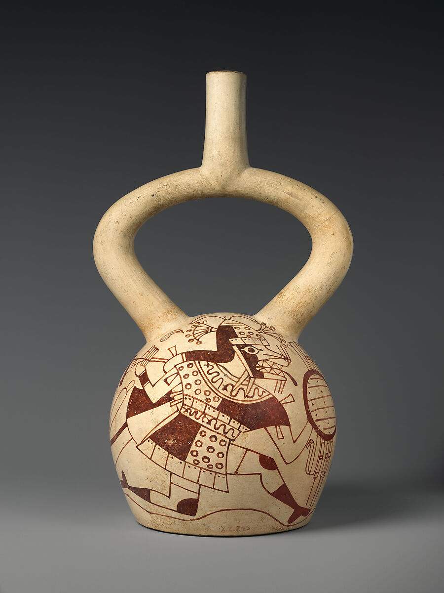 Stirrup-spout bottle with fox warrior, Moche artist(s), Ceramic, slip, Moche