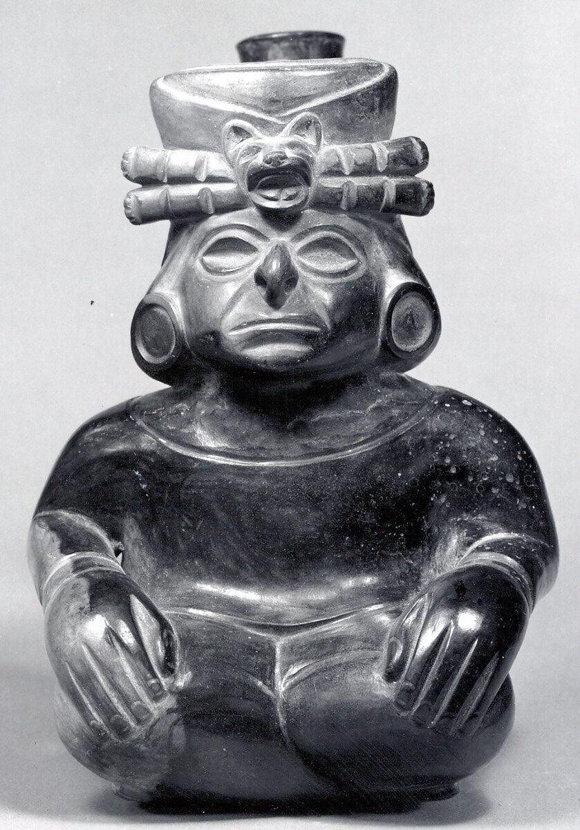 Stirrup-spout bottle with seated figure, Moche artist(s), Ceramic, Moche