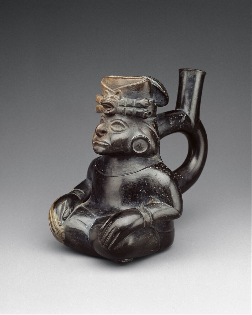 Seated Figure Bottle, Ceramic, Moche 