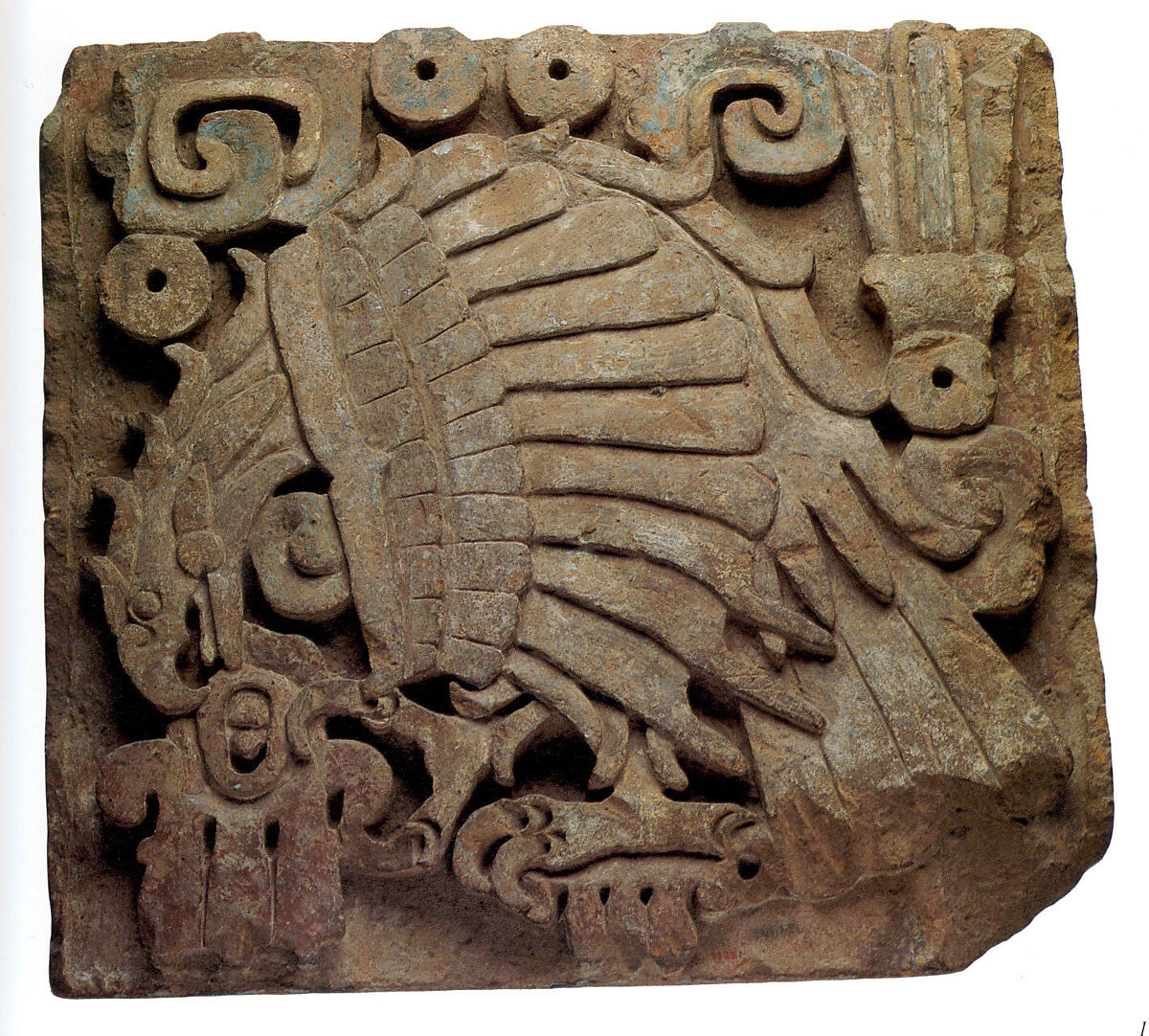 Eagle relief, Toltec artist(s), Andesite or dacite, Maya blue, stucco, red pigment, Toltec