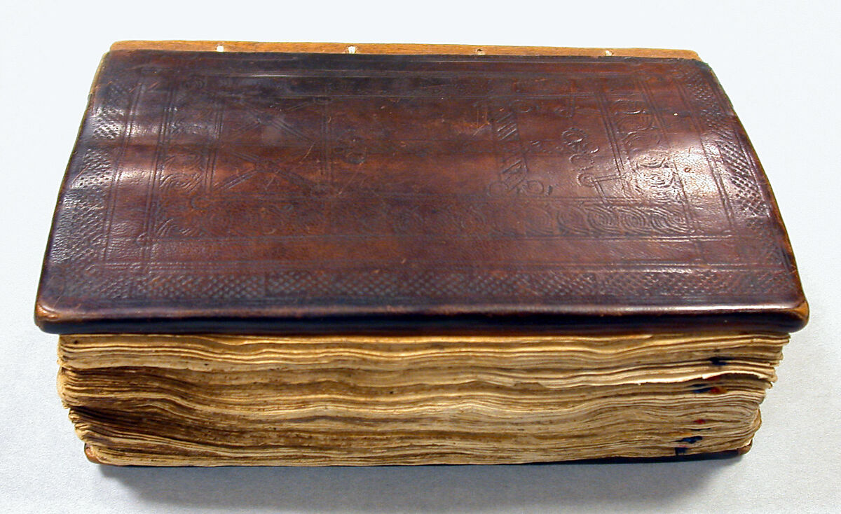 Prayer book with case (mahdar), Wäldä Maryam (African, Amhara or Tigrinya), Parchment (vellum), pigment (red, blue, ochre, and black), leather, wood, string